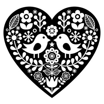 Scandinavian black folk art pattern with birds and flowers -  Valentine's Day, love concept