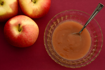 High angle view of a closeup of apples and apple compote