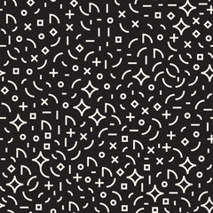 Retro geometric line shapes seamless patterns. Abstract jumble textures. Black and white scattered shapes