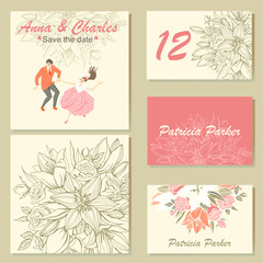 Collection of wedding invitation cards with a floral pattern and a cute colorful illustration of a dancing couple in cartoon style. 