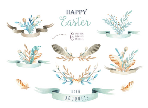  Hand drawn watercolor happy easter set bohemian style, watercolour isolated illustration on white. natural boho style. nest with feathers, floral elements, flowers bouquets, 
