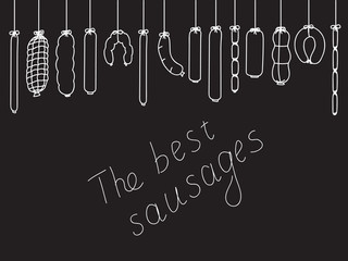A set of sausage on a black background. Hand-written text, scribble