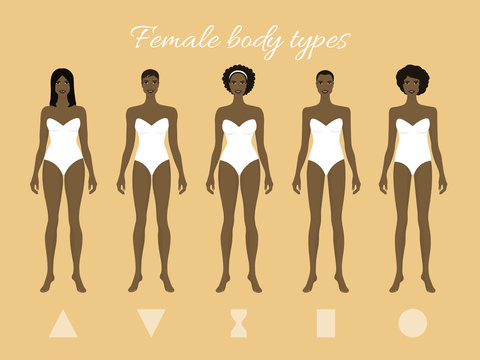 Set of Female Body Shape Types: Triangle, Inverted Triangle, Hourglass, Rectangle, Round