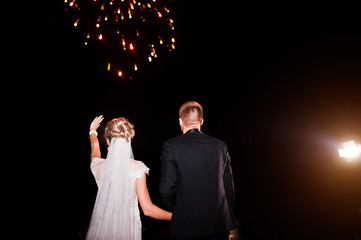 Back of wedding couple looking on night sky with fireworks.