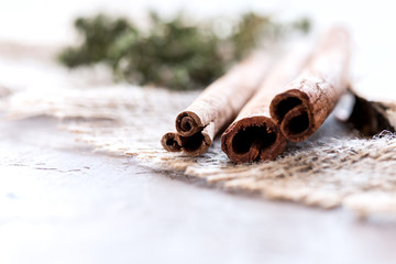 Aromatic cinnamon sticks and fresh thym close up