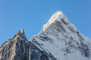 View of the top of the Ama Dablam (6814 m) from the valley of the Chhukhung - Nepal, Himalayas