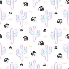 Cactus plant neon vector seamless pattern. Abstract cartoon desert fabric print. Scandinavian style cacti for wallpaper, textile, tablecloth.
