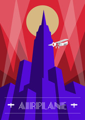 Skyscraper and airplane poster in art deco style. Vintage travel illustration. - 142708076