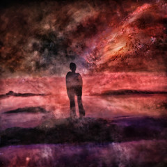 Obraz premium Follow your dreams, silhouette of woman and many stars, mixed media art background- elements of this image are furnished by NASA