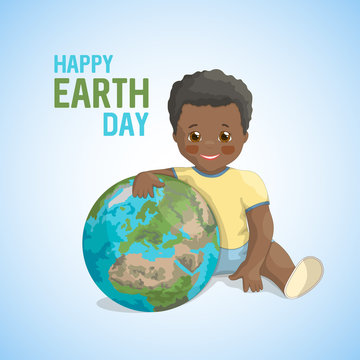 Conceptual ecological banner for World Earth Day. Little black boy sitting and hugging the planet Earth on blue background, taking care of the environment. Vector illustration