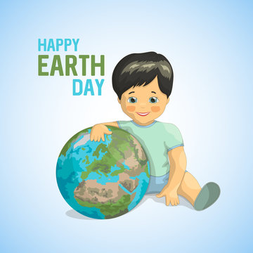 Conceptual ecological banner for World Earth Day. A little asian boy with sitting and hugging the planet Earth on blue background, taking care of the environment. Vector illustration