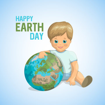 Conceptual ecological banner for World Earth Day. A little boy with blue eyes is sitting and hugging the planet Earth on blue background, taking care of the environment. Vector illustration