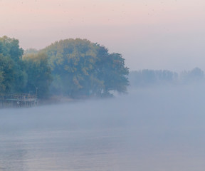 Delta of the Volga River at foggy sunrise, Russia