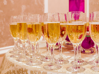 Champagne in glasses on the Banquet tables.