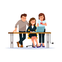 Vector illustration business team startup happy achievement, success. Young people working and talking in the workplace cartoon flat style isolated background
