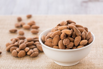 Close Up Almonds On Burlap Piece