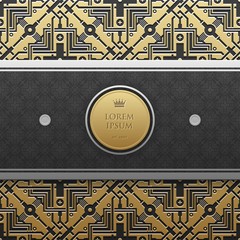 Horizontal banner template on golden metallic background with seamless geometric pattern. Elegant luxury style.