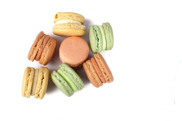 Delicious multicolored cake macaron or macaroon on a white background. sweet and colorful dessert.