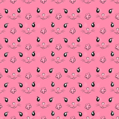 Pink seamless background with cute face and flowers