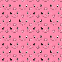 Pink seamless background with cute face and flowers