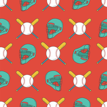 Baseball Seamless Pattern. Catcher Helmet, Bat, and Ball Pattern