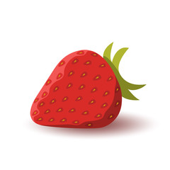 Isolated red strawberry with green leaf and shadow on white background.