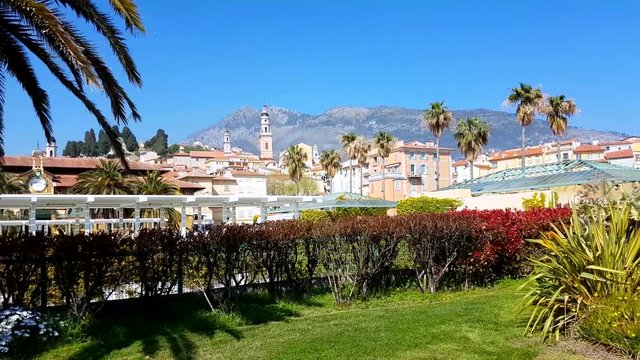 Beautiful View of the Old Town of Menton And The Palm Trees - 4K Video
