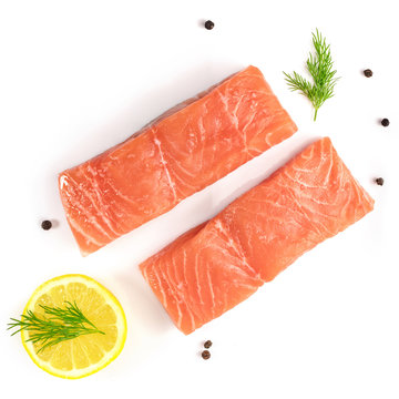 Photo of slices of salmon on white with copyspace