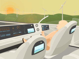 Self-driving electric car goes with relaxing passenger. Autonomous intelligent car without roof. Happy business woman with tablet sitting in comfortable smart car. Flat style vector illustration.