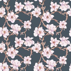 Watercolor branches of magnolia,seamless pattern