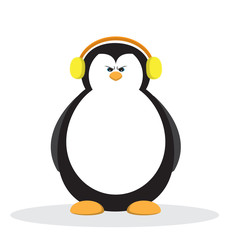 Serious penguin cartoon with yellow headphone.