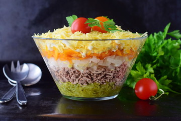 Glass bowl with chicken liver salad in layers. Healthy food concept. Carrot, egg, onion, liver, pickles, tomato