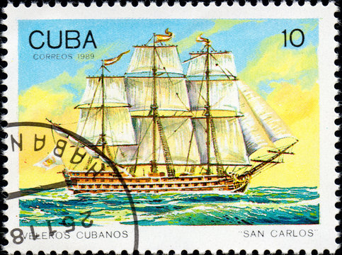 UKRAINE - CIRCA 2017: A postage stamp printed in Cuba shows sailing ship San Carlos, from the series Cuban sailboats, circa 1989