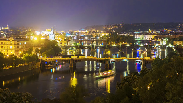 Night panorama to the bridges in Prague, the Czech Republic