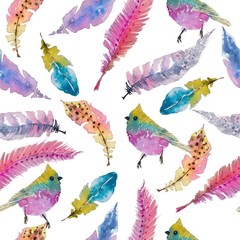 Watercolor seamless pattern with colorful feathers and bird