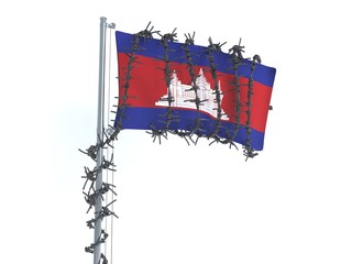 3D illustration of flag from Cambodia wrapped with a barbed wire