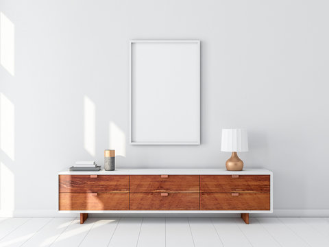 White Poster Frame hanging on the wall, modern bureau with Table lamp. 3d rendering