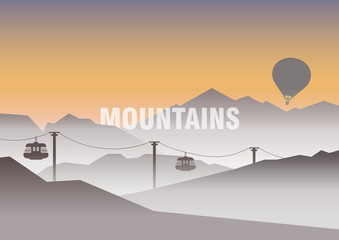 Vector illustration of travel in the mountains, tourism, nature. Morning hilly landscape on a background of dawn. Cable car and balloon in the fog. For advertising, web template, poster.