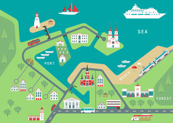 Vector scheme of nonexistent flat seaside town with various buildings, bridges, churches and transport. Template for tourist map of resort city.
