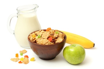 Glass jug pitcher of fresh milk with glass, apple, oatmeal and banana isolated on white background carafe