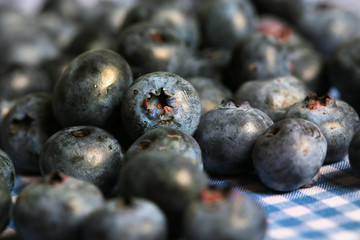 Fresh blueberries in a pile on blue checkered tablecloth