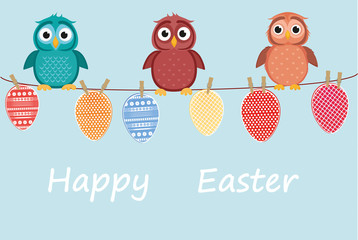 Multicolored Easter eggs made of paper hanging on a rope. Cute owls sitting. 