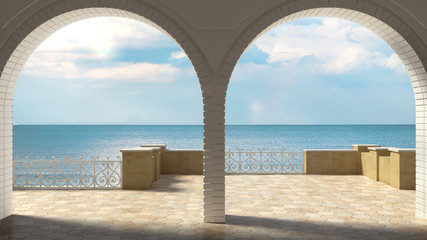 Empty classic terrace with forged iron railing and sandstone arch, sea panorama