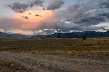 mountains clouds sunset pink road