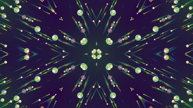 Kaleidoscopic abstract background. Colorful beams, stars, circles. Seamless loop.