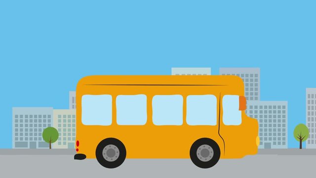 Yellow bus on street in city. Animation with flat design. Concept of public transportation, school transport and urban traffic.