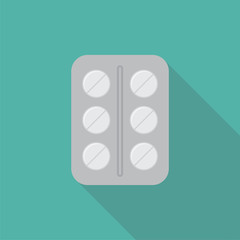 Pills flat icon with long shadow isolated on blue background. Medical devices in flat style, vector illustration.