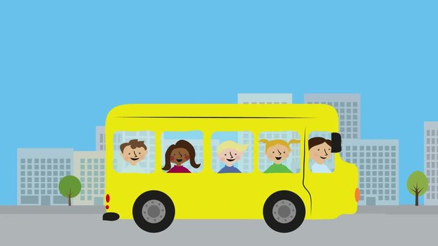 Yellow school bus with children on street in city. Animation with flat design. Concept of public transportation, childhood and urban traffic.