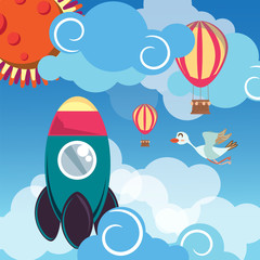 illustration of a  rocket ship space vehicle blasting off into the sky.