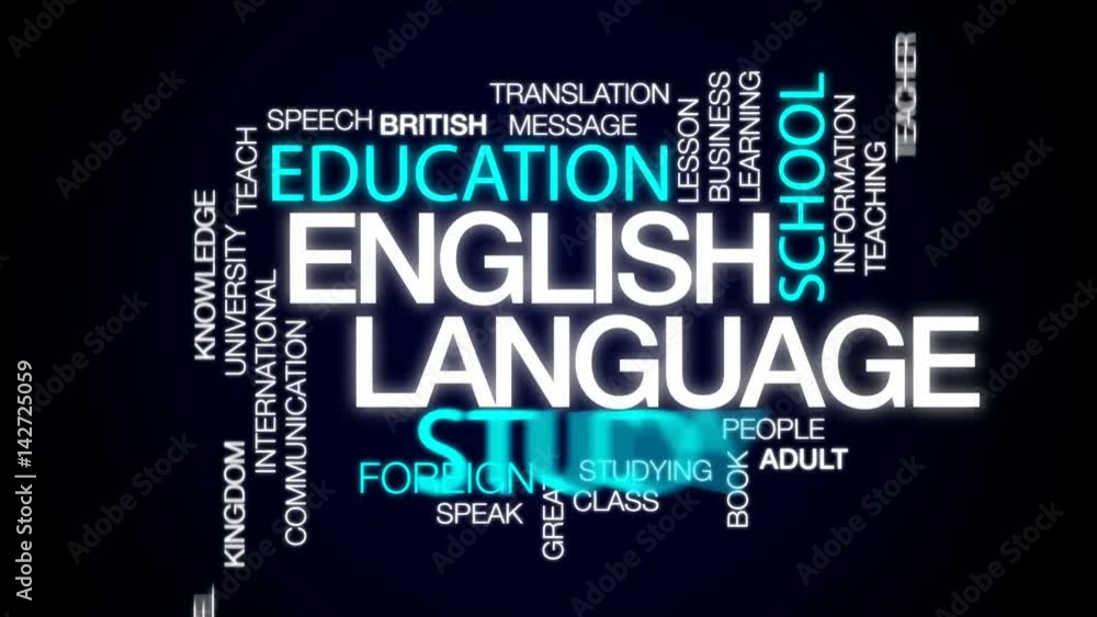 Poster english language animated word cloud, text design animation.